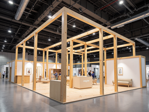 托盘行业展会现场，参展商展示新型托盘产品，参观者围观咨询