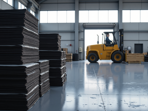 环保材料托盘生产过程，工人操作环保设备，绿色包装标识